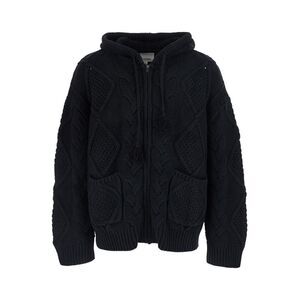 Found Men Black Hooded Cardigan With All-Over Embroidery In Wool For Men